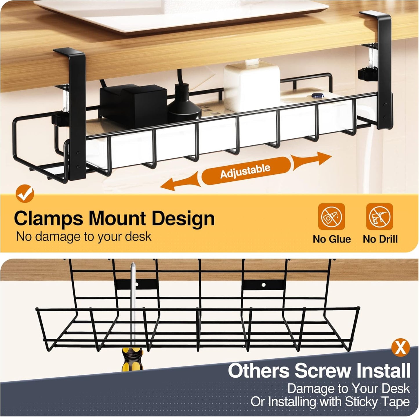 Under Desk Cable Management Tray,  Upgraded Wire Management No Drill, Cable Tray with Clamp for Desk Wire Management, Computer Cable Rack for Office, Home - No Damage to Desk
