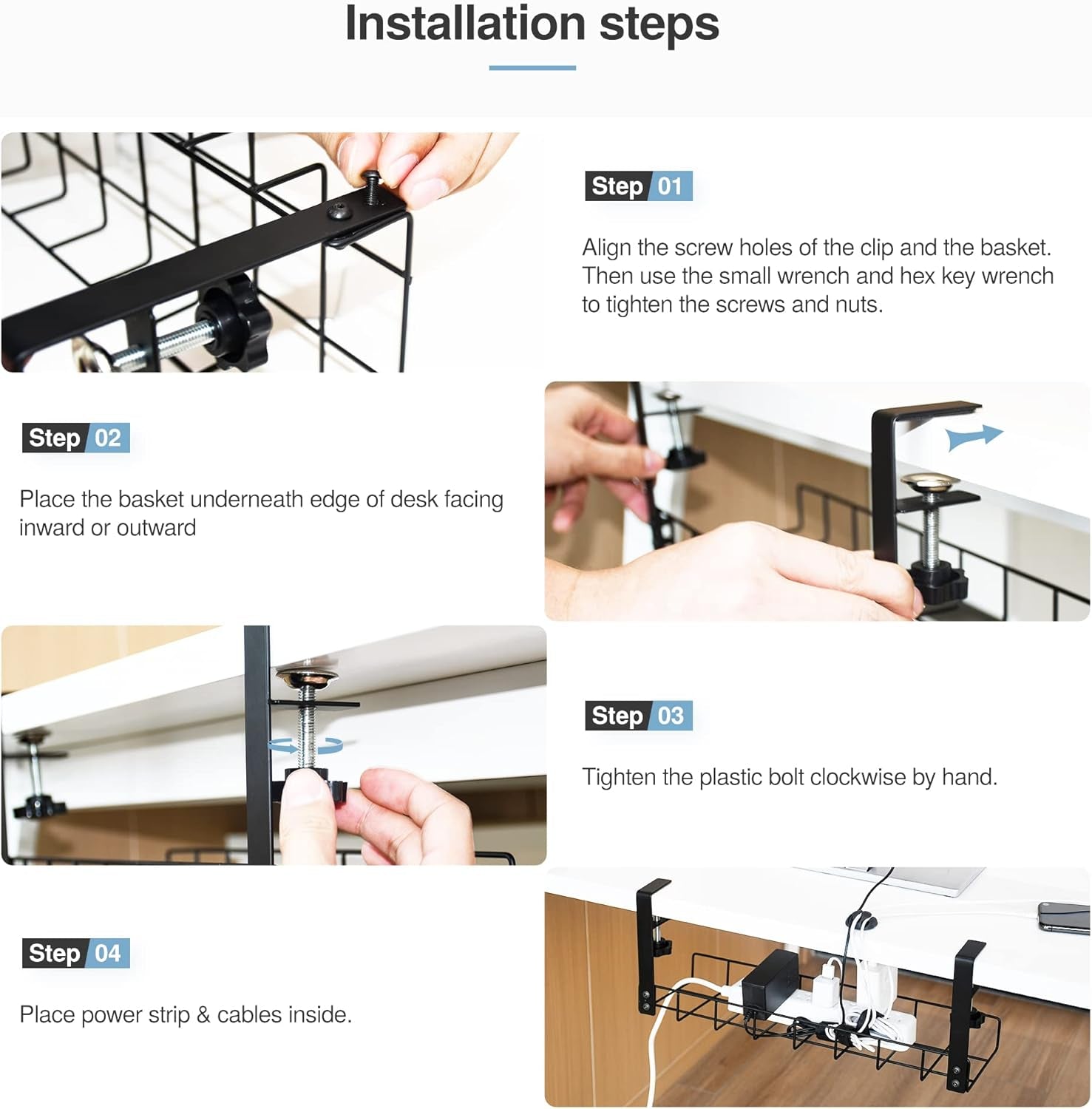 Under Desk Cable Management Tray,  Upgraded Wire Management No Drill, Cable Tray with Clamp for Desk Wire Management, Computer Cable Rack for Office, Home - No Damage to Desk